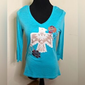 ARIAT Turquoise Thunderbird Tee with Rose Embroidery, 3/4 sleeves, size Medium